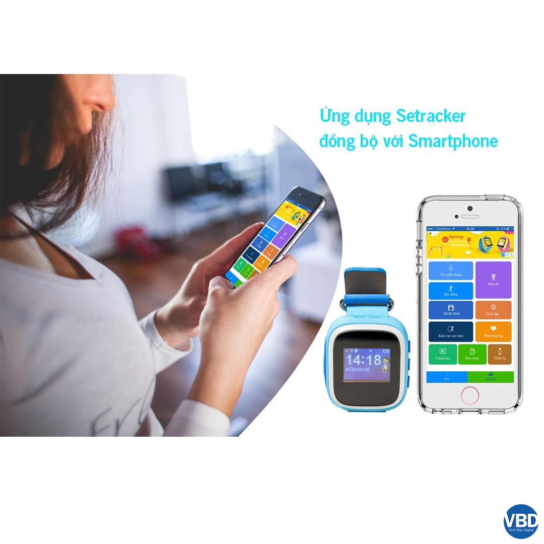 ứng dụng SeTracker tương thích với IOS và Android để đồng bộ với điện thoại và sử dụng nhiều tính năng với đồng hồ thông minh Kiddy Kiwi